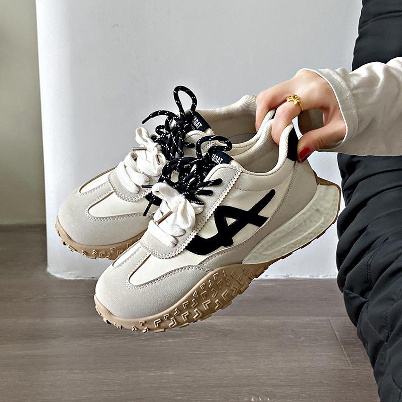 Ретро цветовая гамма, двойные шнурки, весна 2025, дышащие, новые, на толстой подошве, увеличивающие рост, женские, повседневные, универсальные, одинарные туфли