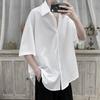 Мужская демисезонная повседневная рубашка с длинным рукавом свободного кроя с драпировкой, однотонная, с воротником и застежкой на пуговицы спереди