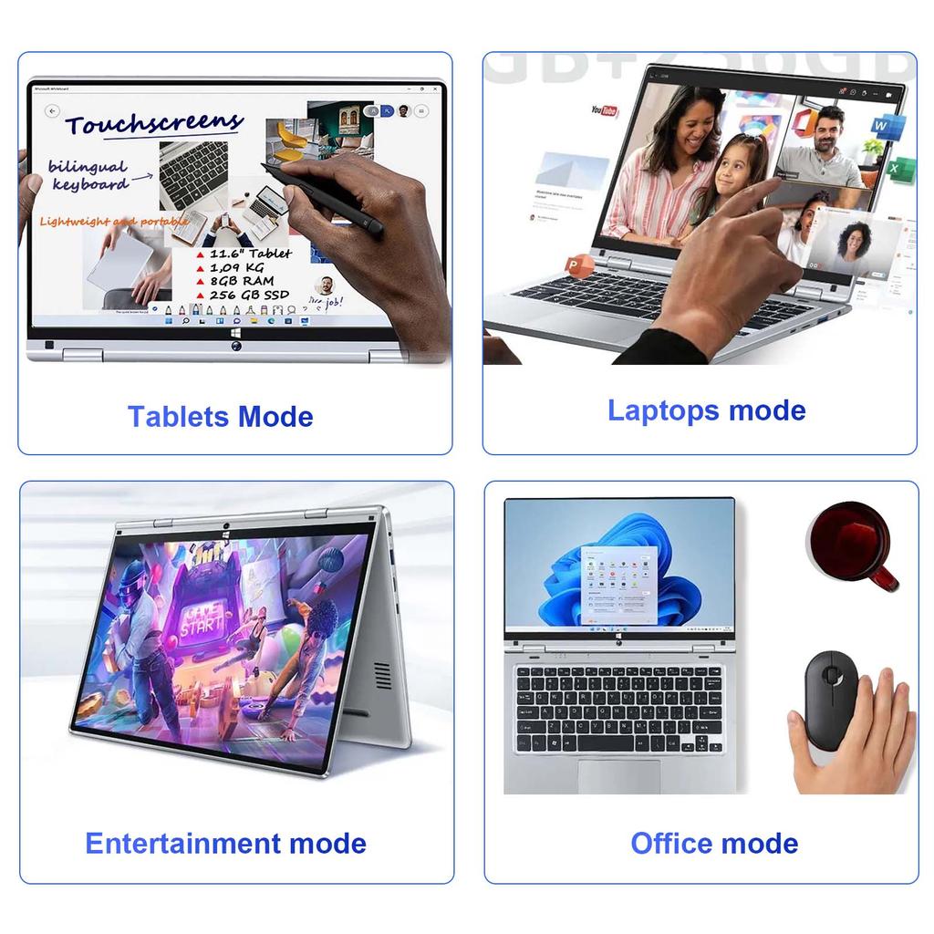 Ноутбук HDTOSNER с сенсорным экраном 11,6 дюйма, процессор Intel, 8 ГБ ОЗУ, твердотельный накопитель 256 ГБ, Windows Pro, серебристый, ноутбук для работы и учебы