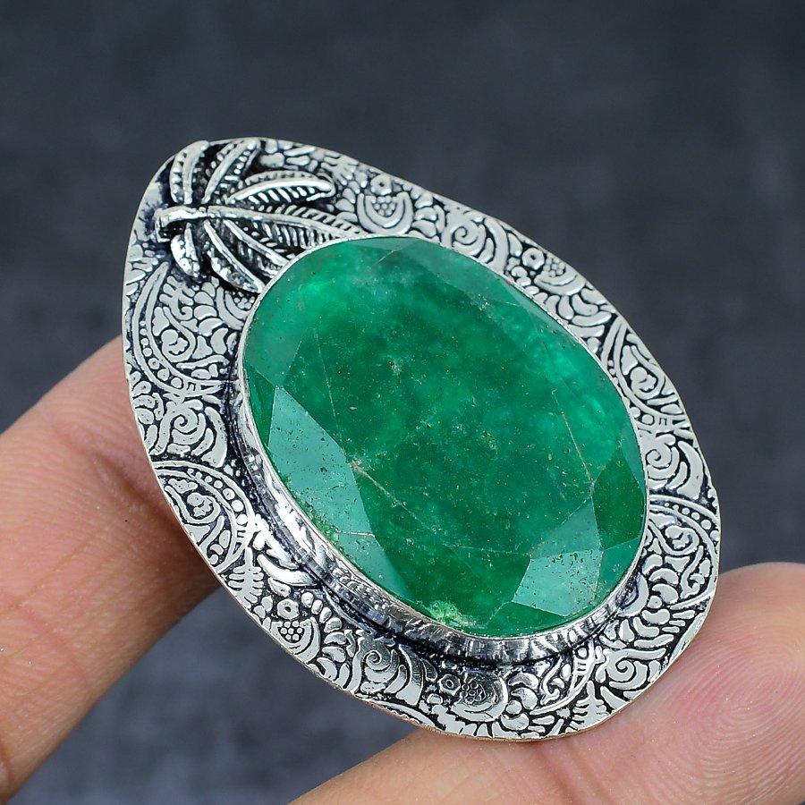 Emerald(Simulated) Gemstone Handmade 925 Sterling Silver Gift Pendant 2.17" R8H91