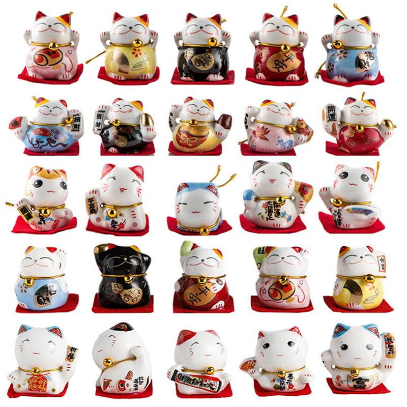 5 Pcs Mini Ceramic Lucky Cat Ornament Home Car Decoration Feng Shui Cute Maneki Neko Figure Desktop Decor Fortune Cat Craft Gift