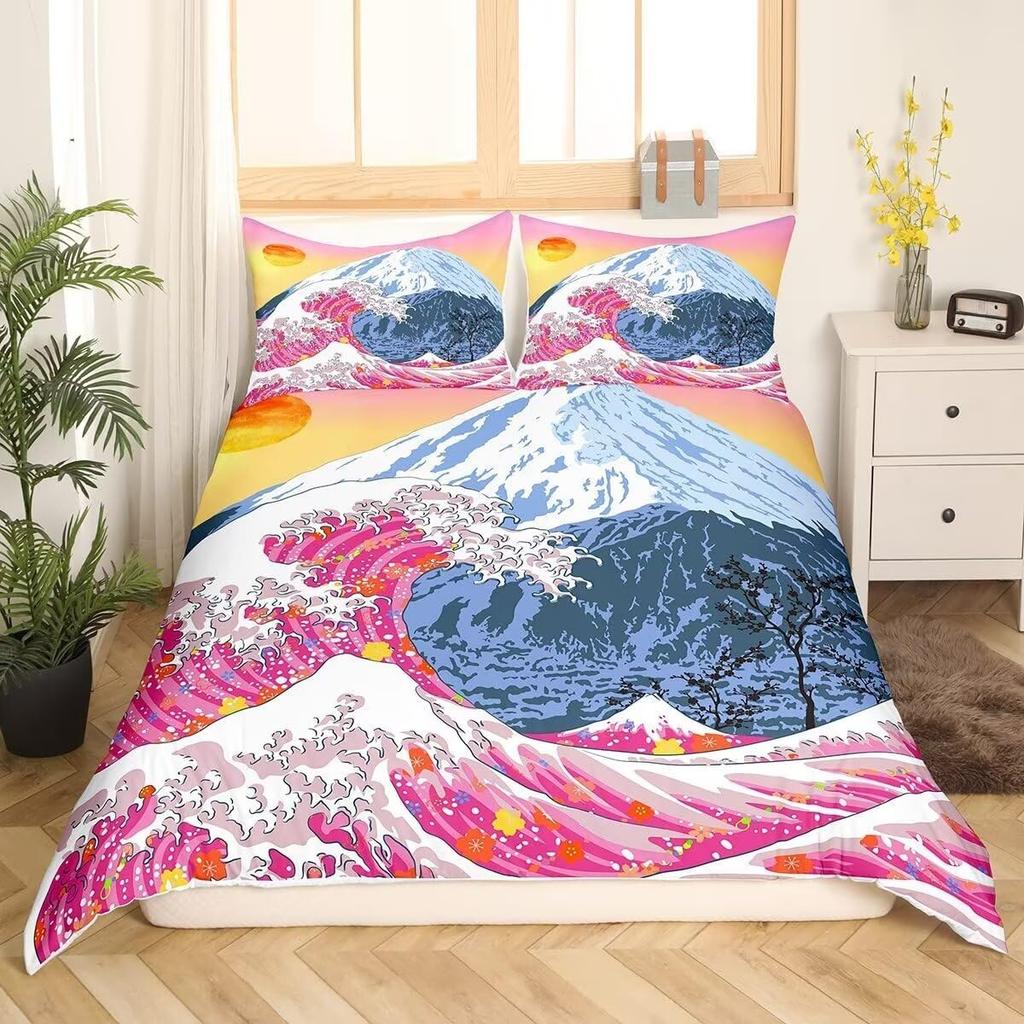Mount Fuji Duvet Cover Twin Size Kids Cherry Blossoms Comforter Cover Set For Boys Girls Teens Natural Scenery Art Bedding Set