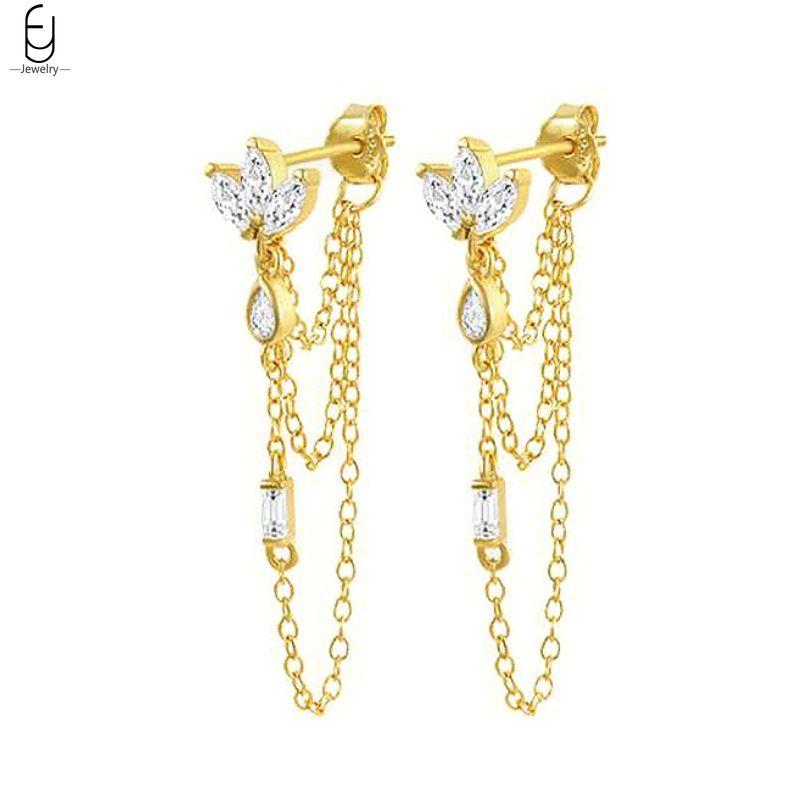 925 Silver Needle Luxury Long Chain Tassel Crystal Stud Earrings For Women Exquisite Pendant Gold Earrings Fine Jewelry