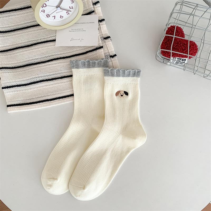 Dog Cartoon Embroidered Socks, Women's Pure Cotton Mid-calf Socks, Autumn and Winter Vertical Lace Socks, Versatile Casual Socks