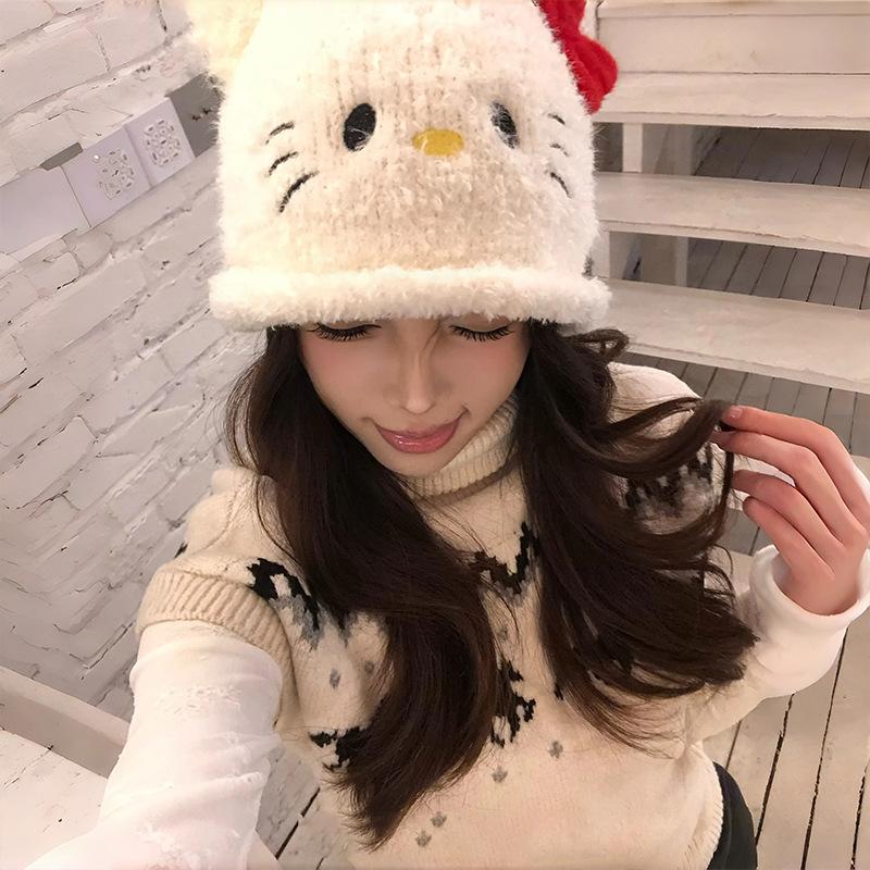 Small face white cold hat sweet cartoon travel plush hat women's winter cute cat ear hat