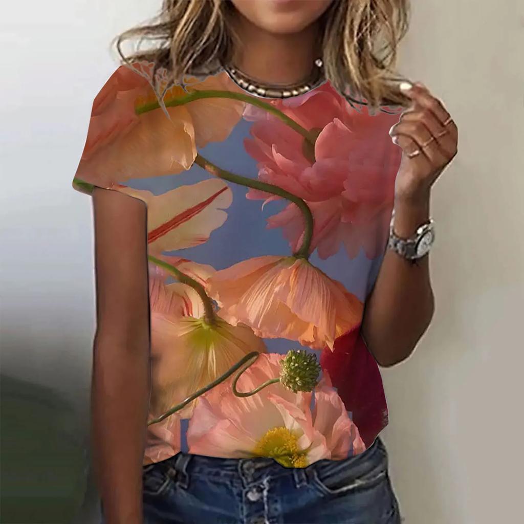 3D Colorful Flower Print T-shirt Women Summer Fashion Casual Short Sleeve T-shirt Women Retro Street T-shirt Plus Size Harajuku T-shirt