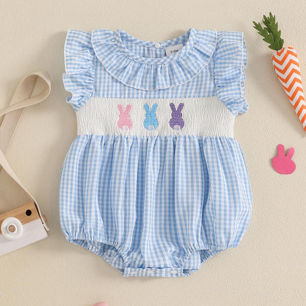 Детские комбинезоны для девочек Пасхальная одежда Вышитый кролик Клетчатые оборки Круглый вырез Рукава-крылышки Летние боди Комбинезоны