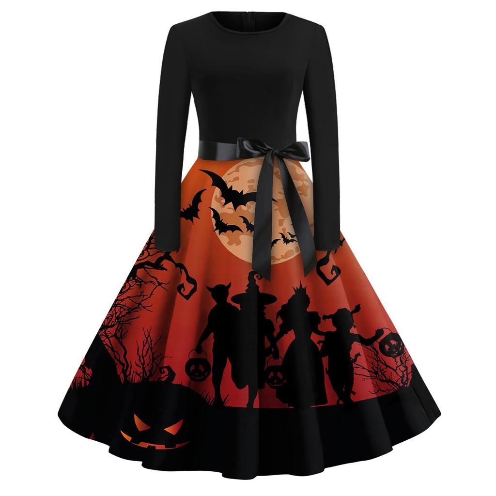 Women's Fashion Round Neck Casual Slim Fit Halloween Printed Long Sleeve Dress