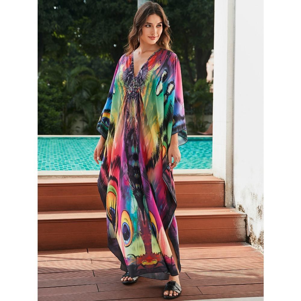 Женское платье-кафтан в стиле бохо большого размера с контрастным принтом свободного кроя Vacay Beach