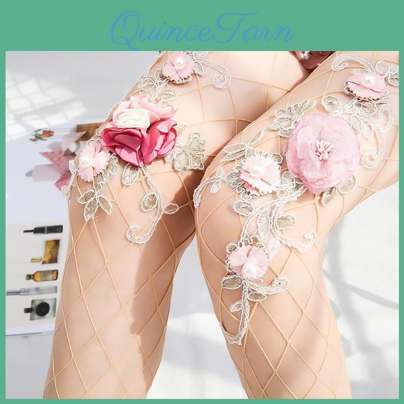 Pink Embroidery Pantyhose Women Handmade Flower Sexy Style Fishnet Mesh Stockings Elegant Senior Pantyhose Tights