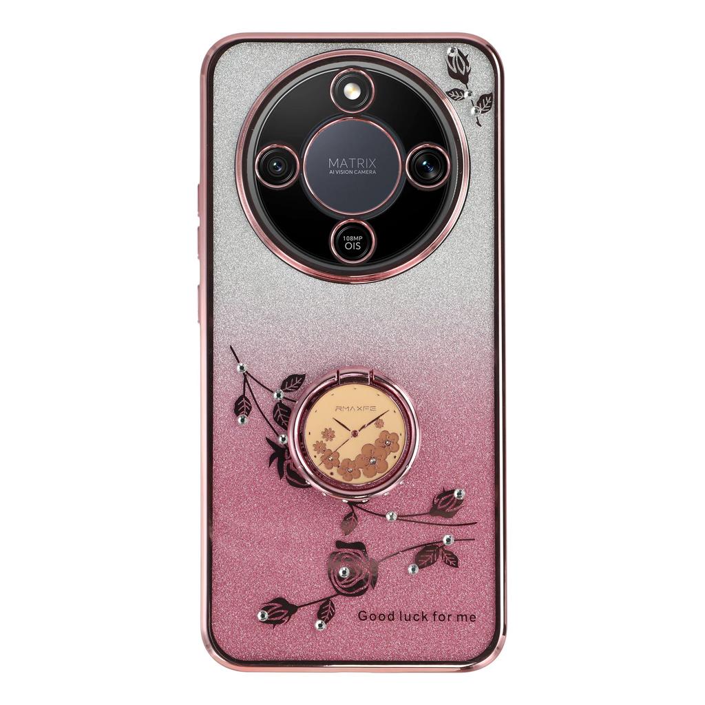 KADEM Phone Case For Honor Magic8 Lite 5G / X9d 5G / X70 5G Ring Kickstand TPU Flowers Phone Cover Gradient Glitter