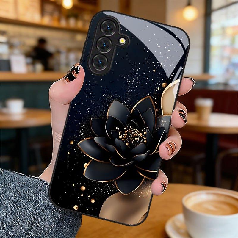 Стеклянный чехол для телефона с узором черного лотоса, подходит для Samsung Galaxy S26 S25 S24 S23 S22 S20 FE/Ultra/Plus, противоударная задняя крышка