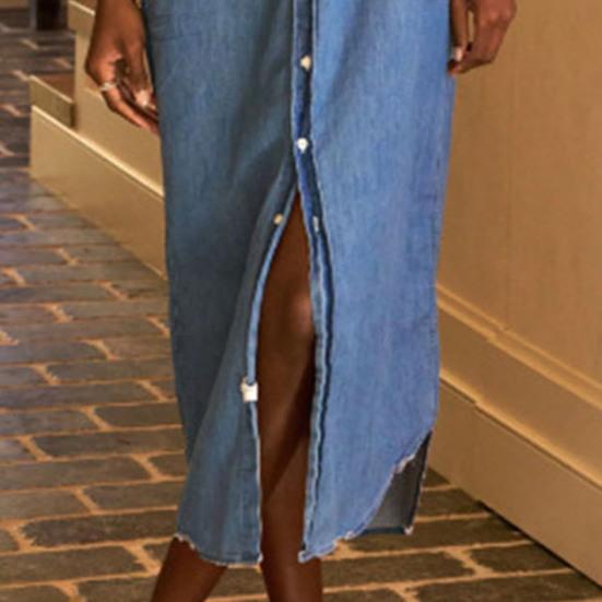 Женское повседневное джинсовое платье-рубашка с длинным рукавом и пуговицами, длинное джинсовое платье с отворотом