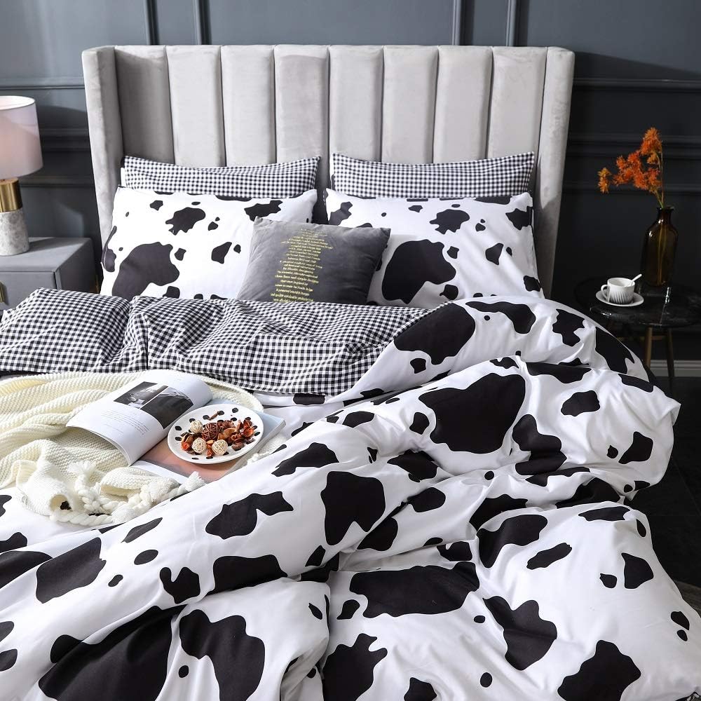 Cartoon Bedding Set Cow Print Duvet Cover Black White Comforter Cover Milk Cow Bedspreads Cover Reversible Plaid Grid Room Decor