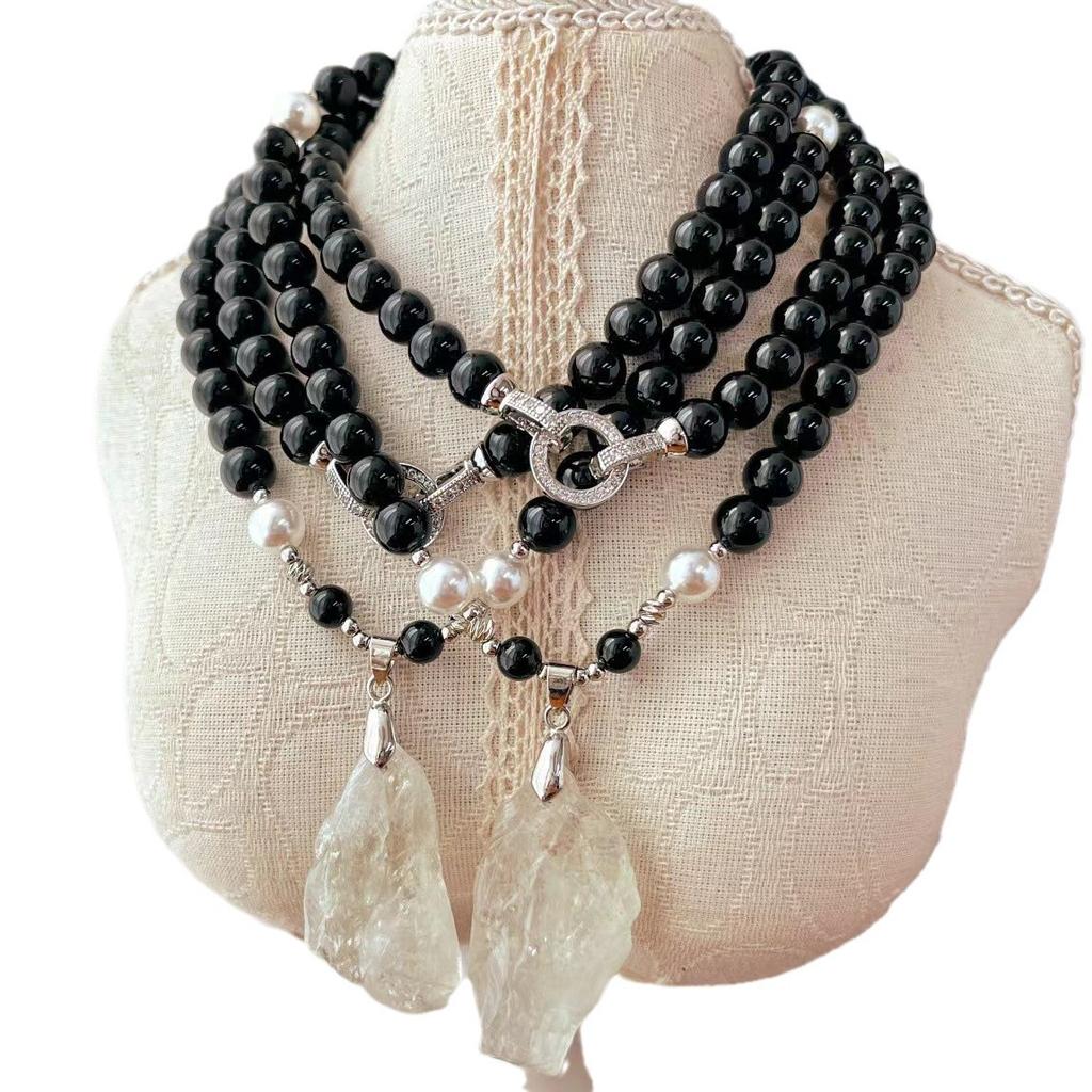 Vintage Natural Black Agate Crystal Necklace Sweater Necklace Korea