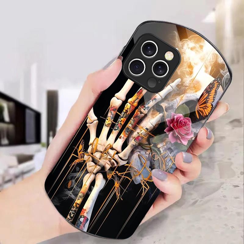 Цветок Череп Скелета Для IPhone 16 Pro Max 11 12 Mini 13 14 P Lus 15 Plus 7 8 Se 2020 X Xs Эллиптический Закаленный Стеклянный Чехол Для Телефона