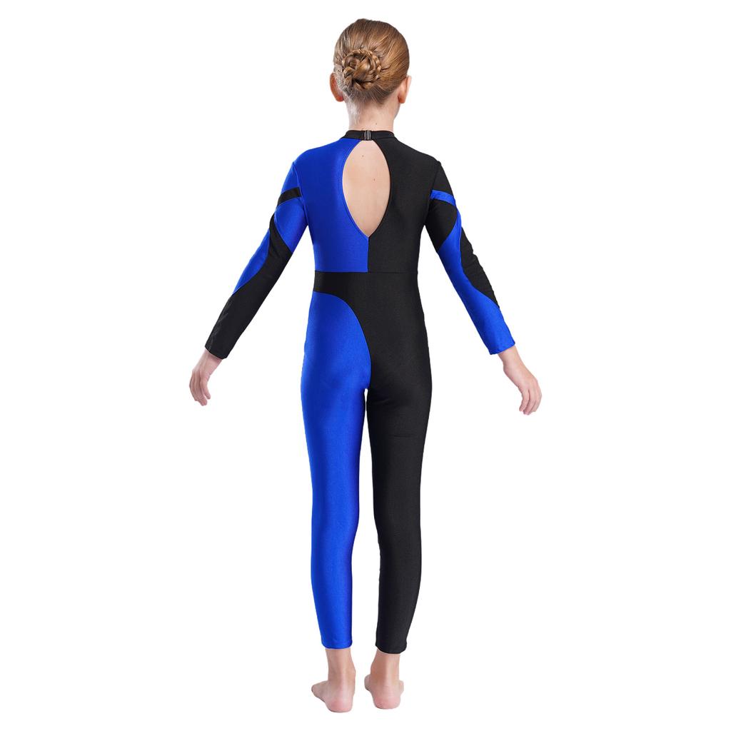 Girls Long Sleeve Stand Collar Shiny Rhinestone Decorated Contrast Color Hollow Back Dance Jumpsuit Performance Costume