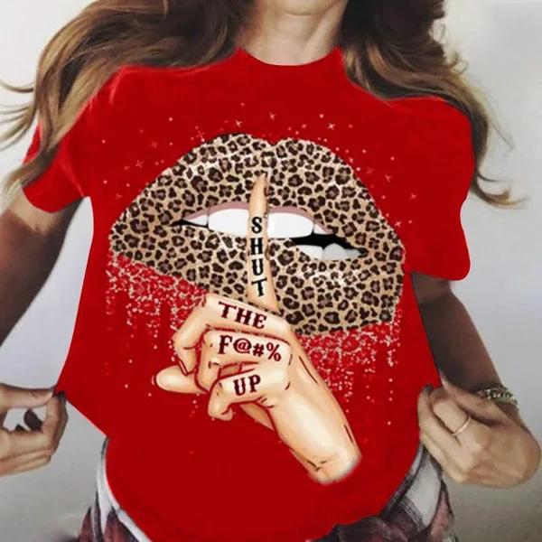 Футболка с принтом «Leopard Lip Shut Up» для женщин с коротким рукавом и круглым вырезом, свободная футболка, летняя женская футболка, топы, Camisetas Mujer