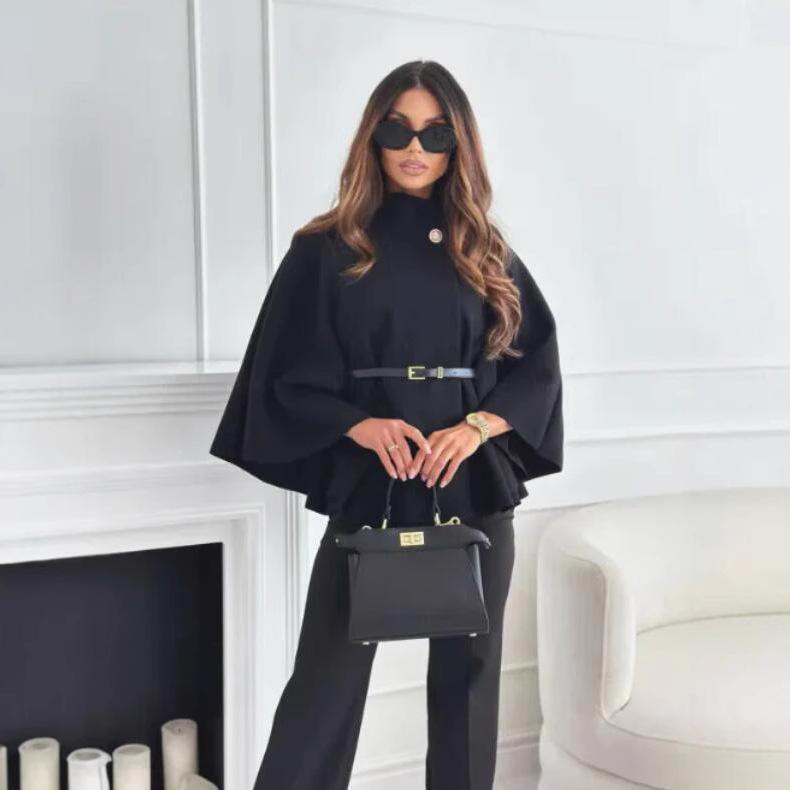 Women Single Buckle Batwing Sleeve Coat Autumn Winter Elegant Lady Tweed Waist Cinching Poncho Trend Thick Warm Loose Outwear