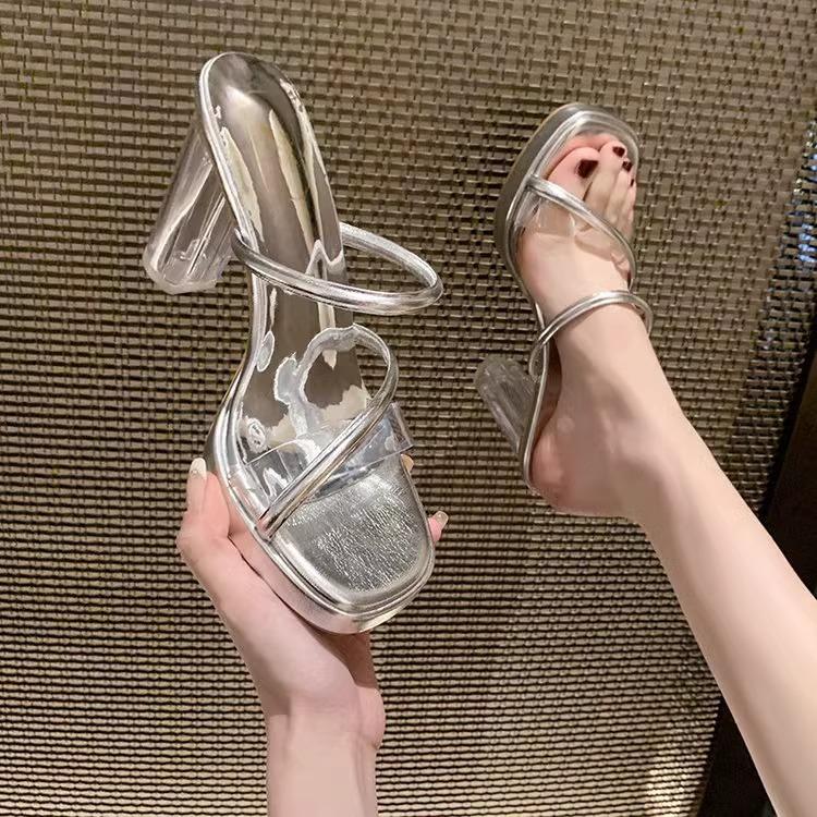 High heels women's outer wear new summer transparent sandals one word with thick heel crystal heel cool slippers women's shoes