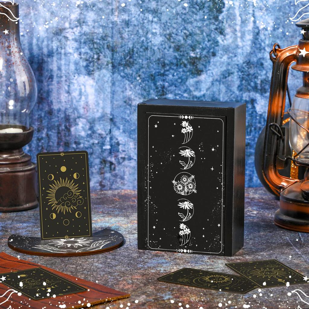 Yulejo Wooden Tarot Card Case Stand Card Divination Trinket Box with Pendulum Altar Display for Witches Small & Holder, Box, Board, Moon-Shaped