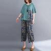 2 шт./компл., женская футболка, брюки, комплект с круглым вырезом, короткими рукавами, лоскутный топ с принтом, эластичная талия, широкие брюки, брюки больших размеров, повседневная повседневная одежда, наряд