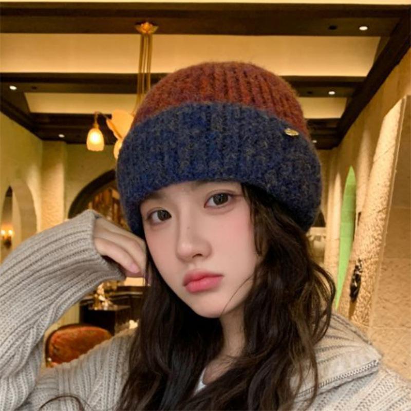 Autumn and winter color matching wool hat female winter couple cold-proof knitted hat versatile thermal ear protection hat shopping cold hat