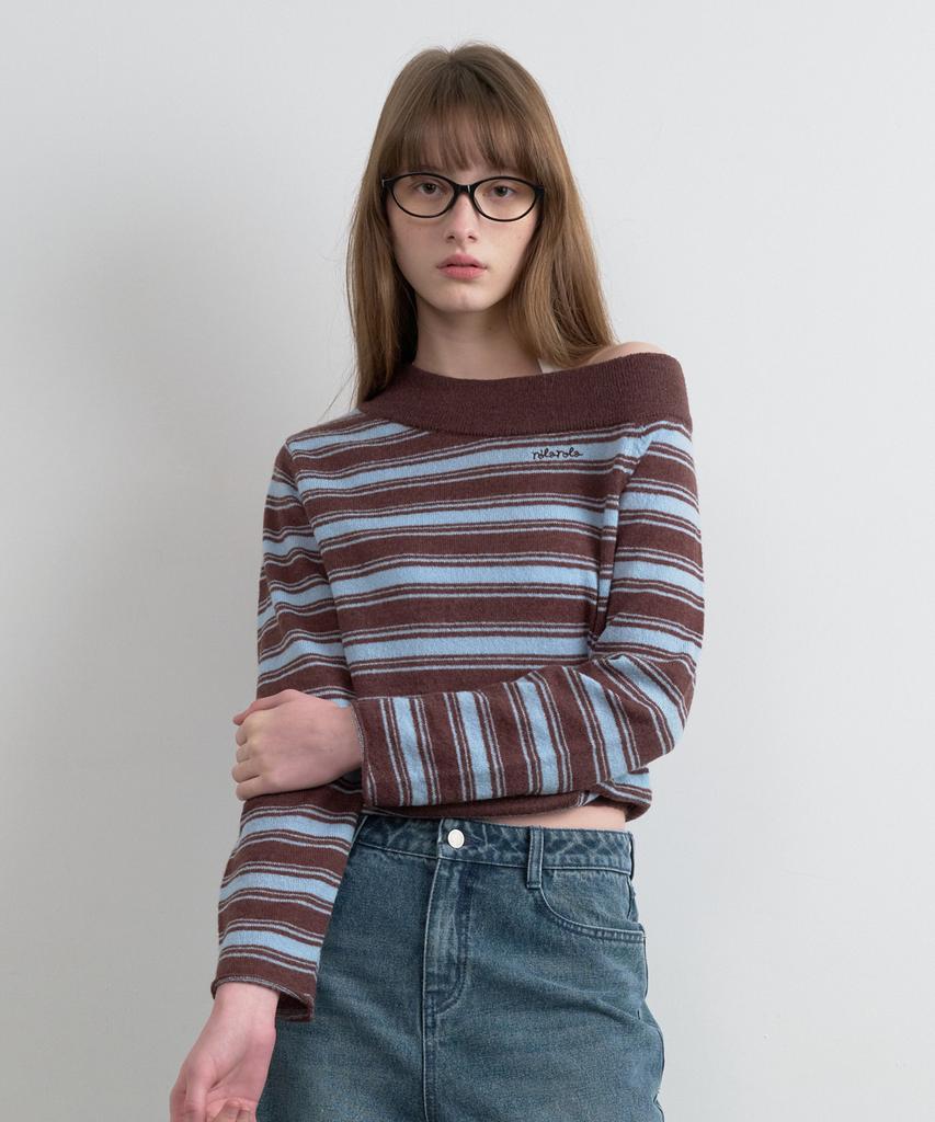 ROLAROLA One Off Shoulder Stripe Knit Br+Bl