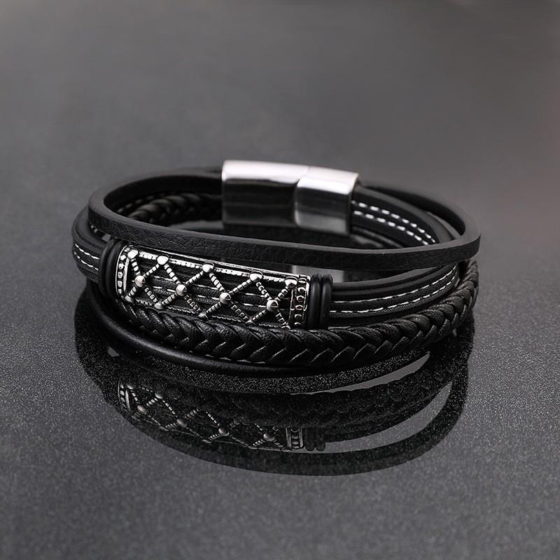 Stainless Steel Magnetic Clasp Bracelet Men Hip Hop Style Geometric Design Adjustable Length