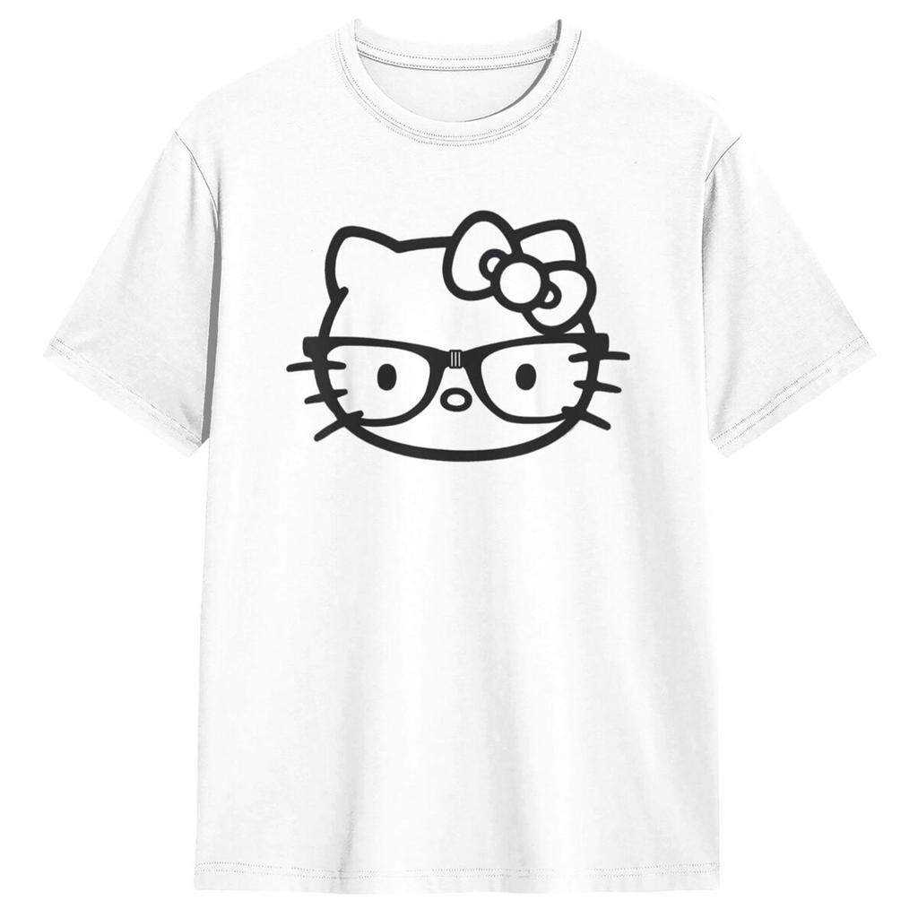 Hello Kitty Черно-белые Очки-Нерды Футболки С коротким рукавом Эстетичные Летние 100% Хлопок Круглый вырез Одежда Больших размеров