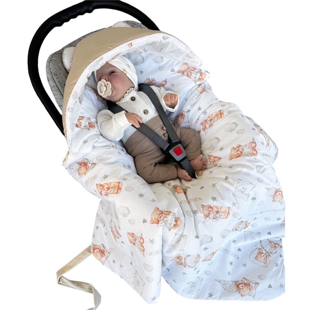 Sleeping bag with hood for car seat, velvet/cotton, 90x90 (beige + good night bears)