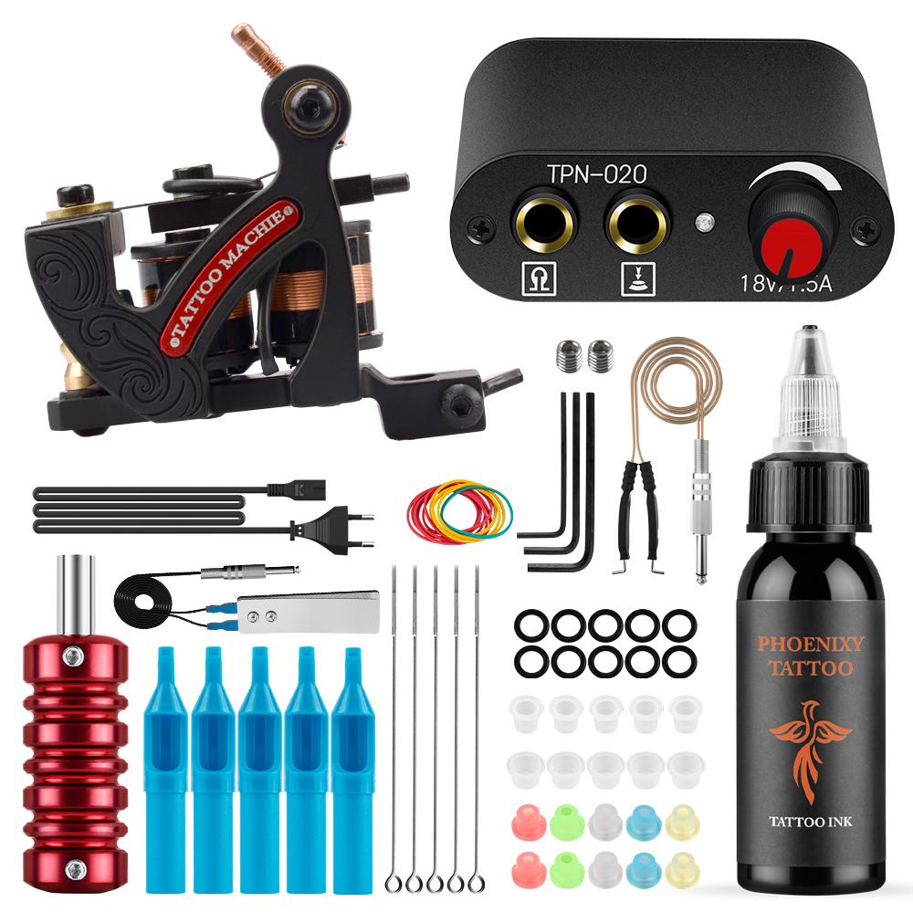 PHOENIXY Starter Tattoo Machines Gun с 30 мл чернилами, пигментом, источником питания для татуировки, традиционные игольчатые ручки для татуировки, инструменты для боди-арта, полный комплект