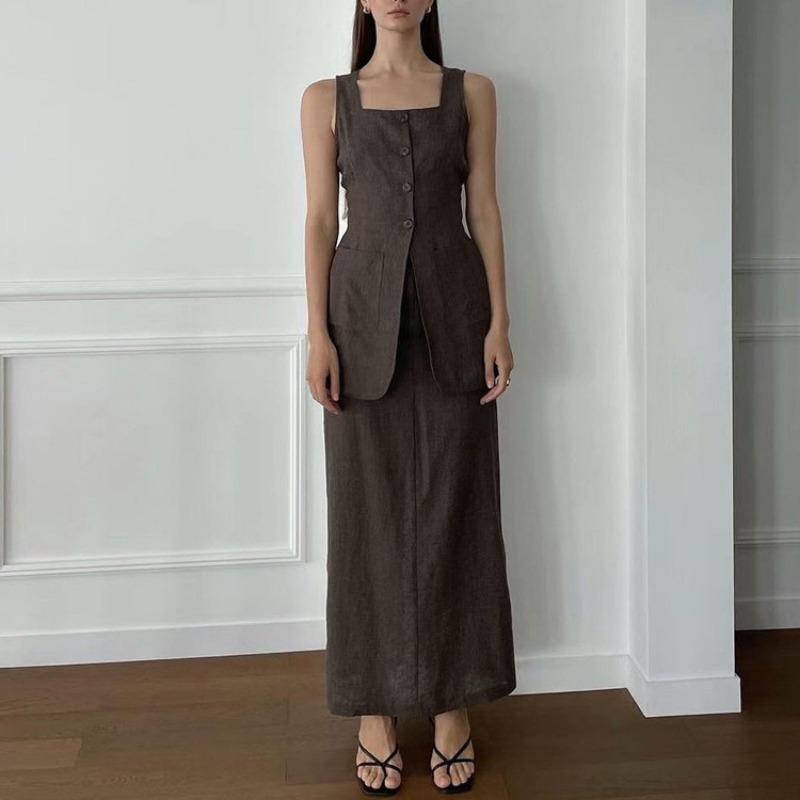 Spring Summer Slim Solid Color Cotton 2 Piece Sets Women 2025 Elegant Sleeveless Single Breasted Tank Top with High Waist Long Skirts Set