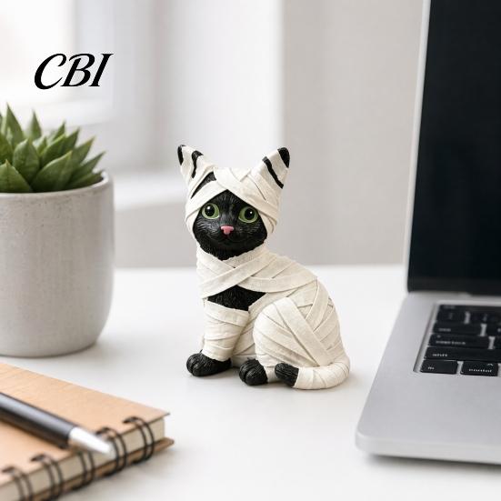 Soft Eyes Halloween Figure Mummy Black Cat Resin Figurine, Kitten Statue with Big & Wrapped Bandages, Desktop Ornament Cute Desk Shelf for Spooky Home