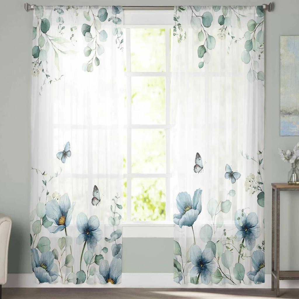 Эвкалипт, тюльпан, бабочка, цветок, ромашка, лист, прозрачные шторы, спальня, гостиная, вуаль, оконные шторы, тюлевые шторы, детская комната
