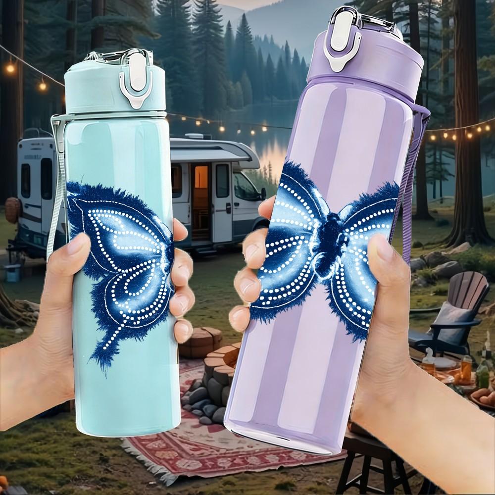 1PC Dark Blue Gradient Butterfly Print 750ml Color Plastic Sports Water Bottle Leakproof Flip Straw Lid Suitable for Sports Office Home Use