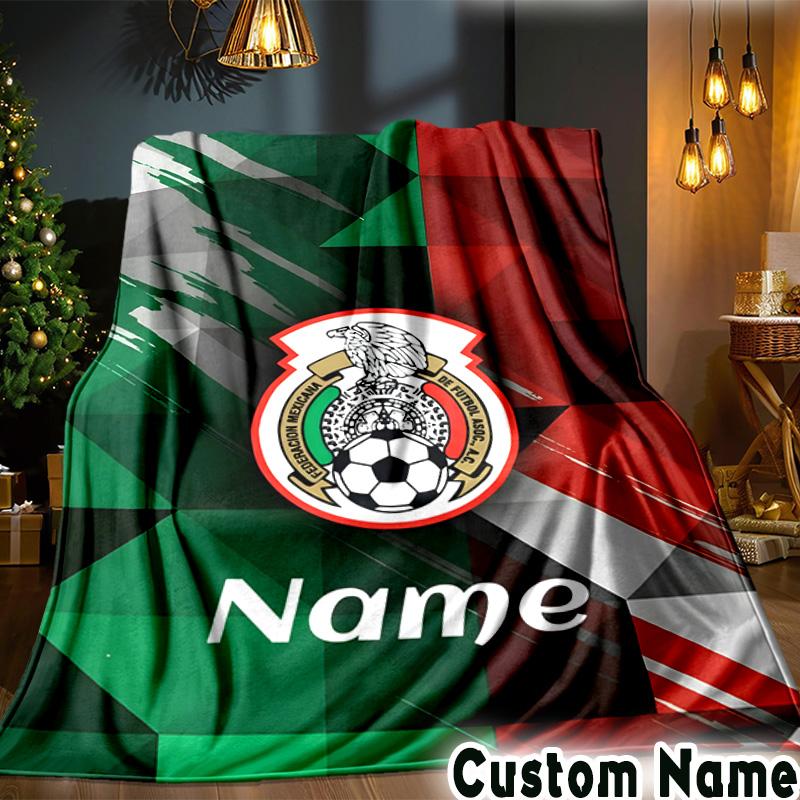 Custom Name Mexico Soccer Emblem Throws Blanket Flannel Blankets for Couch Bed Gifts for Men Women Picnic blanket Christmas fan gifts