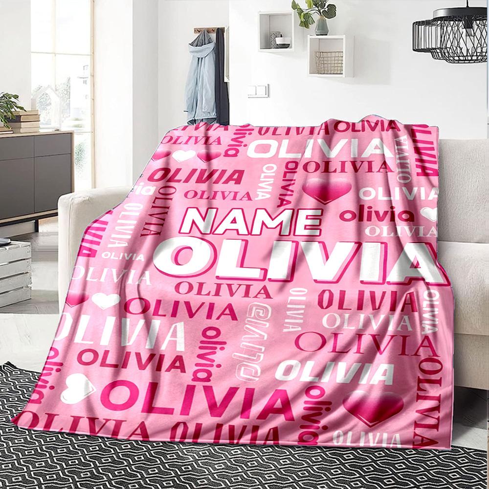 Repeating 'Olivia' With Hearts On Pink Background Lightweight Customizable Blanket Personalized Name Comfortable Texture Great For Sofa Couch Office