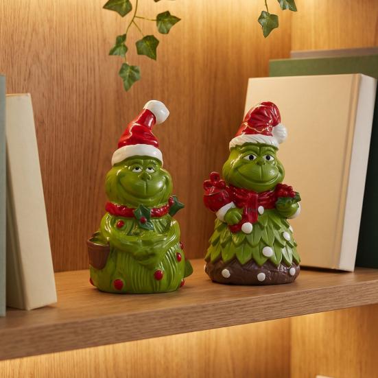 Small Christmas Sculptures Green Monsters Ornament with Santa Hat And Scarf, Resin Frog Cute Elf Tabletop Decor Figurine for Home Decoration, Outdoor