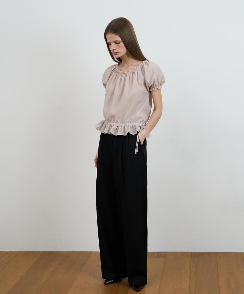 DEHEVE Frill Puff Crop Blouse [Pink]