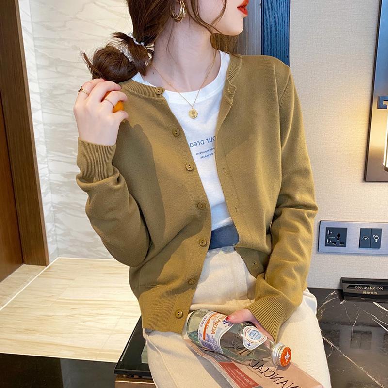 Милый однотонный повседневный вязаный женский кардиган осенний облегающий элегантный с круглым вырезом зимний женский кардиган свитер модный повседневный базовый трикотаж топы 31072