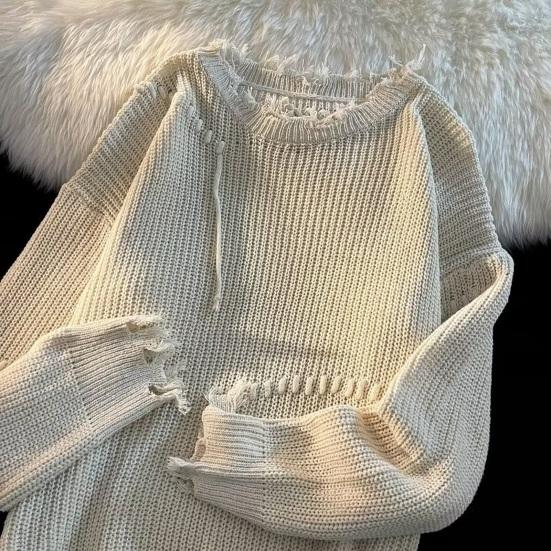 Мужской осенне-зимний свитер с рваной кисточкой, однотонный бахромой с круглым вырезом, вязаный средней длины, свободный с длинным рукавом, мягкий теплый пуловер, мужской свитер