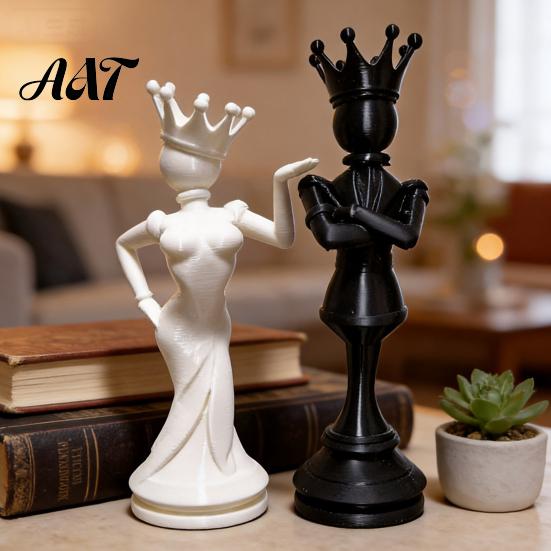 Creative Study Room Decor 2 Pcs Chess King And Queen Statue, 3D Printed Abstract Modern Desk Figure, Piece Sculpture for Living Room, Bookshelf,