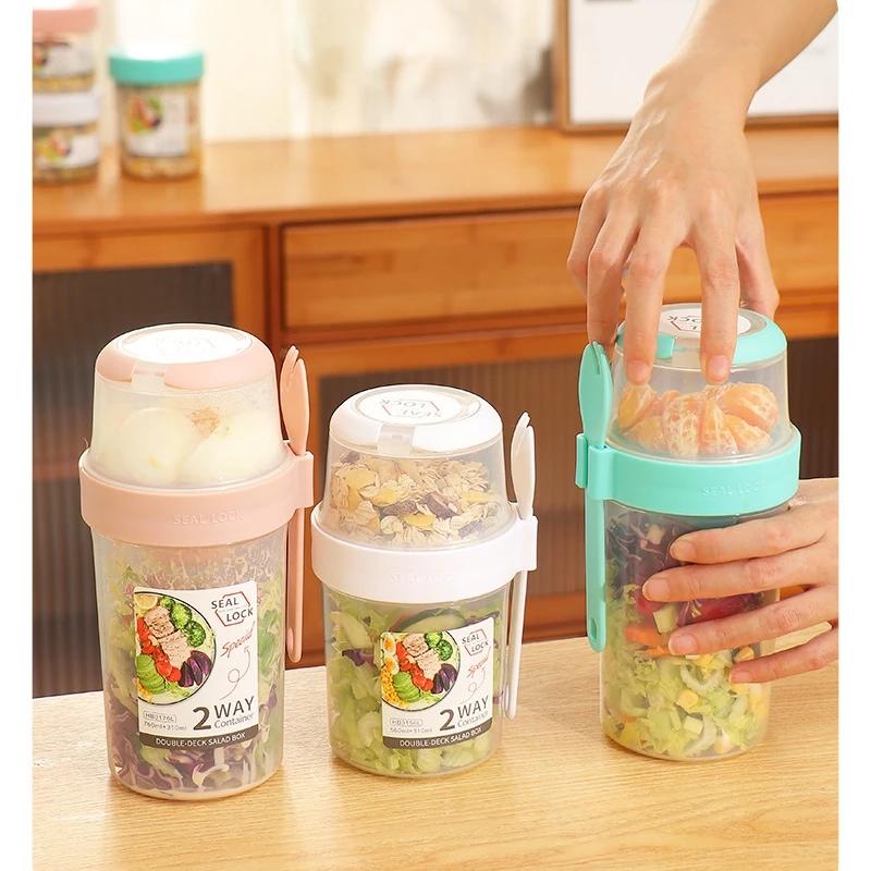 Breakfast Oatmeal Cereal Nut Yogurt Salad Cup Seal Container Set With Fork Sauce Cup Lid Bento Taper Bowl Lunch Box