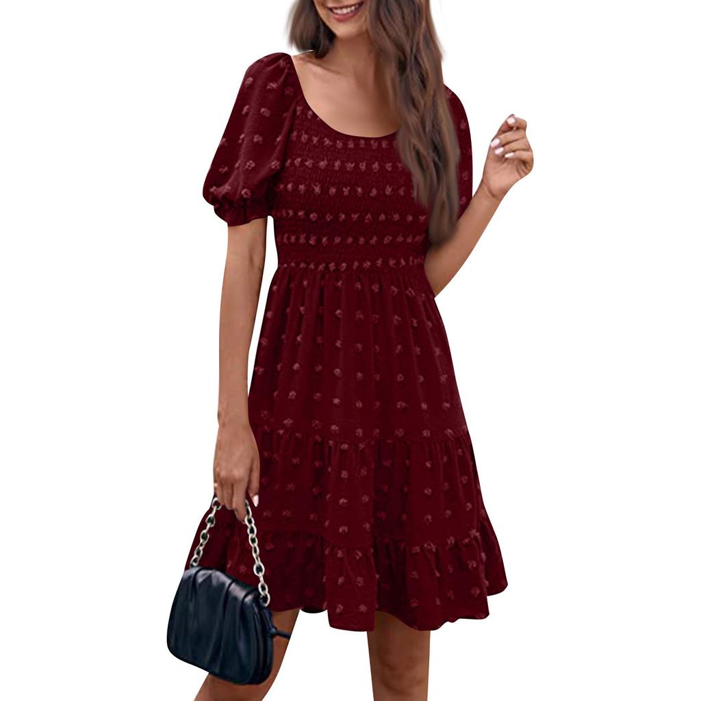 Женские модные повседневные однотонные платья с квадратным вырезом и коротким рукавом в горошек