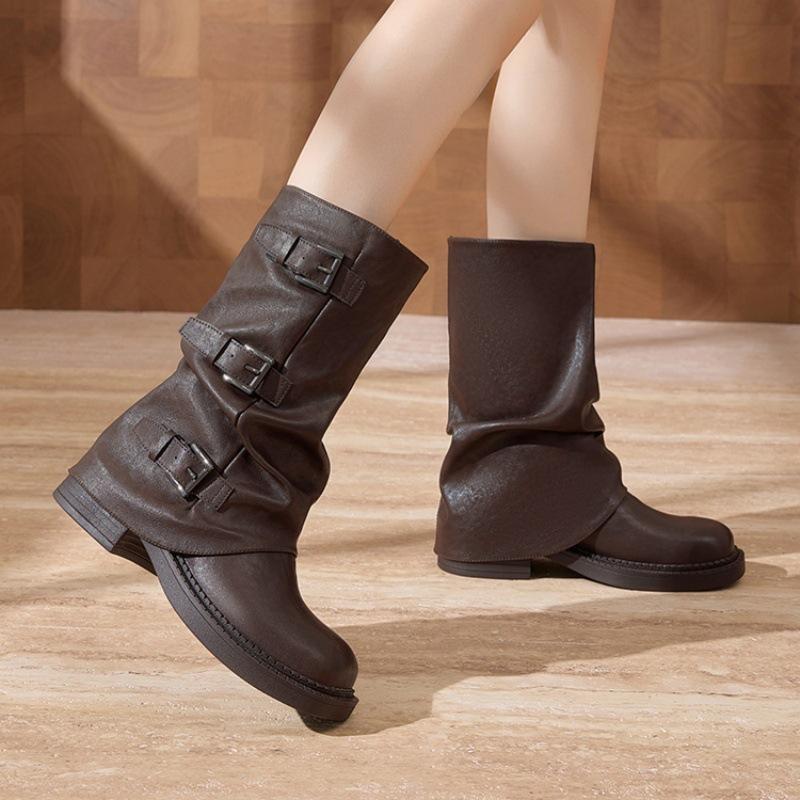 Хан Обувь Внутренний Мех Ботильоны Узкие Полусапожки Детские 2025 Осень и Зима Новые Британский Стиль Ретро Пряжка с Ремешком Вестерн Ботинки