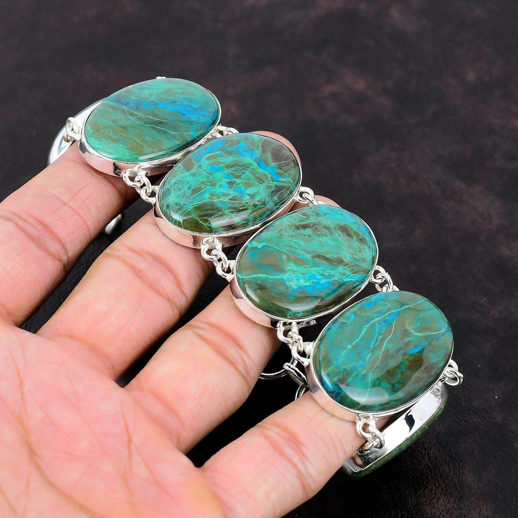 Chrysocolla Gemstone Bracelet Handmade Jewelry 925 Sterling Silver Bracelet Adjustable Chain Bracelet Unique Style Bracelet Anniversary Gift