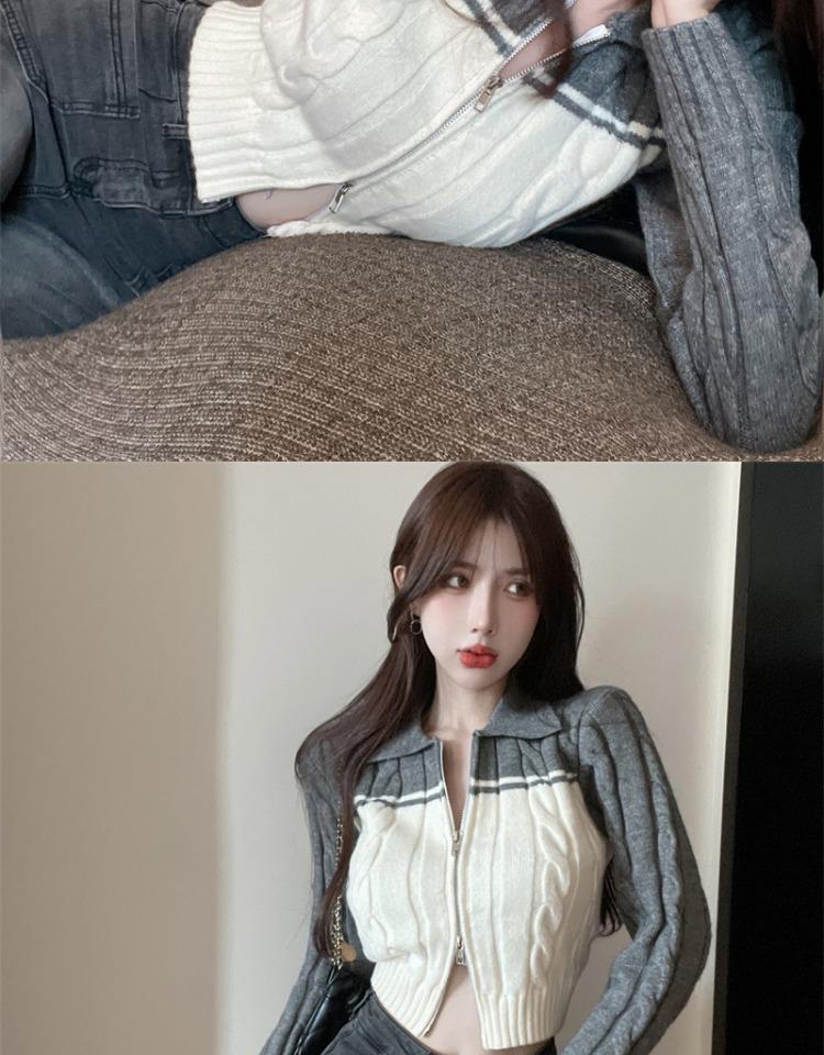 Spicy Girl Polo Collar Cropped Knit Cardigan Sweater - Women's Autumn Long Sleeve Slit Top