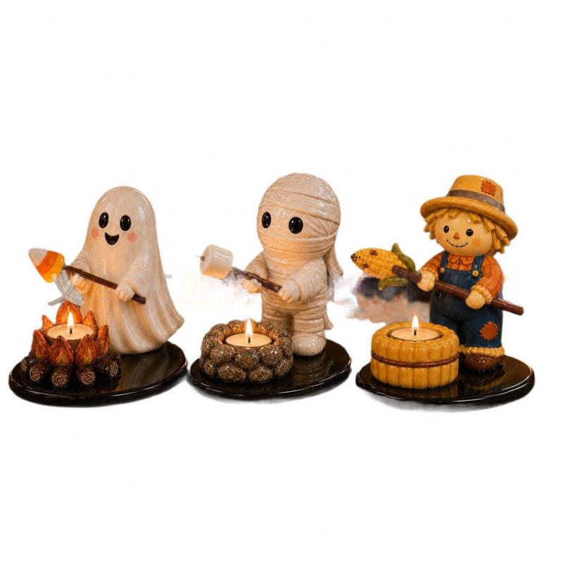 Halloween Bonfire Tea Light Holder Resin Craft Night Light Spooky Campfire Figurine Ambient Glow Party Table Decor