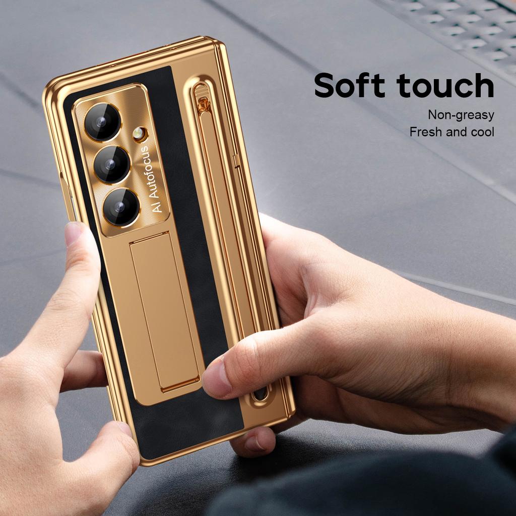 PU Leather Glass Film Pen Slot with Pen Phone Case for Samsung Galaxy Z Fold 8 6 5 4 3 Fold6 Fold8 Ultra Hinge Protection Cover